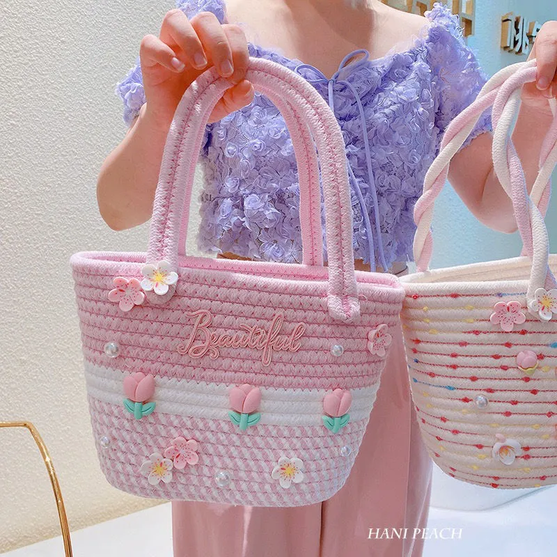 B03—Sweet Girl Heart Handbag tulip flower woven bag pearl tassel girl bag small bear bucket bag companion gift