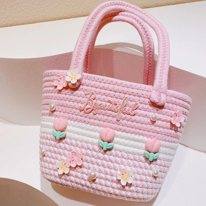 B03—Sweet Girl Heart Handbag tulip flower woven bag pearl tassel girl bag small bear bucket bag companion gift