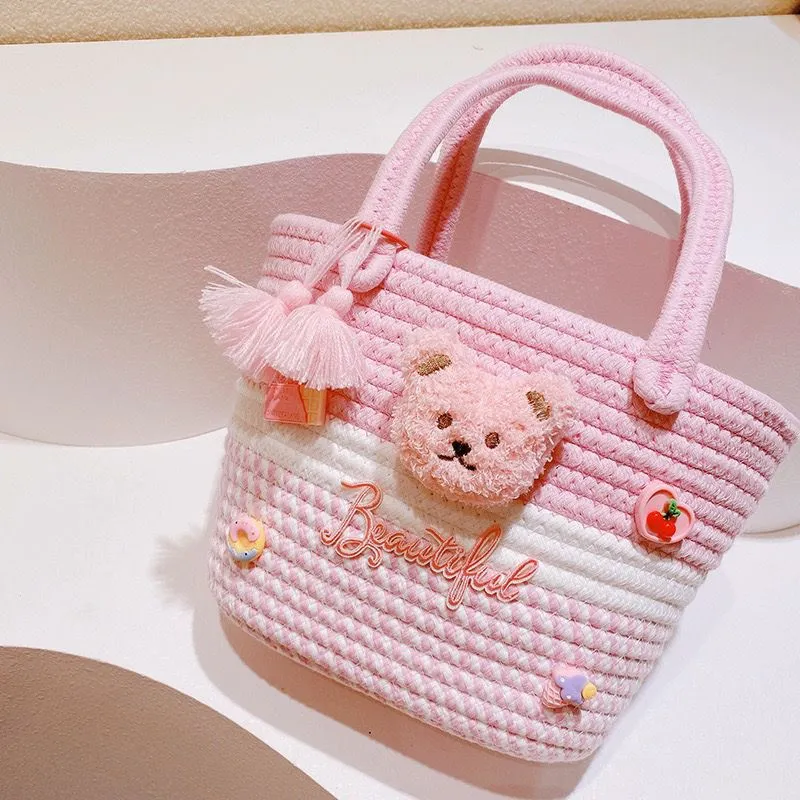 B03—Sweet Girl Heart Handbag tulip flower woven bag pearl tassel girl bag small bear bucket bag companion gift