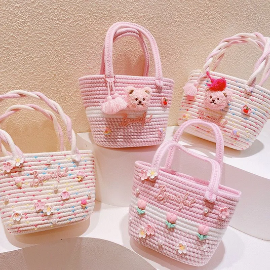 B03—Sweet Girl Heart Handbag tulip flower woven bag pearl tassel girl bag small bear bucket bag companion gift