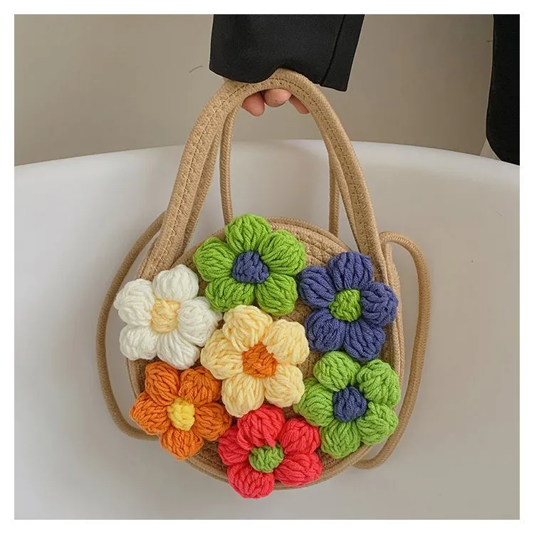 Knitted folk bag women knitted holiday handbag summer messenger bag cotton cord woven flower bag