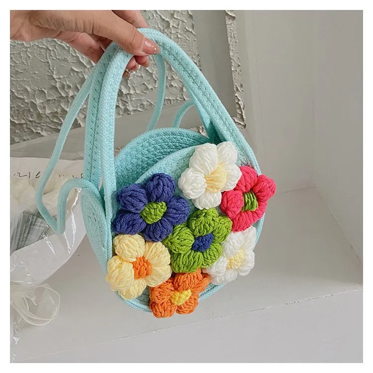 Knitted folk bag women knitted holiday handbag summer messenger bag cotton cord woven flower bag