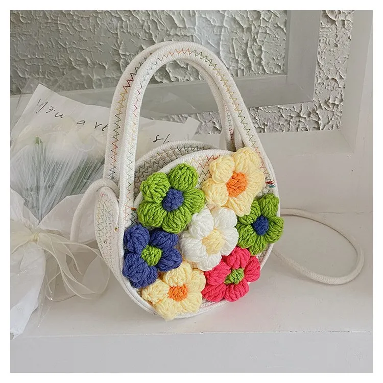 Knitted folk bag women knitted holiday handbag summer messenger bag cotton cord woven flower bag