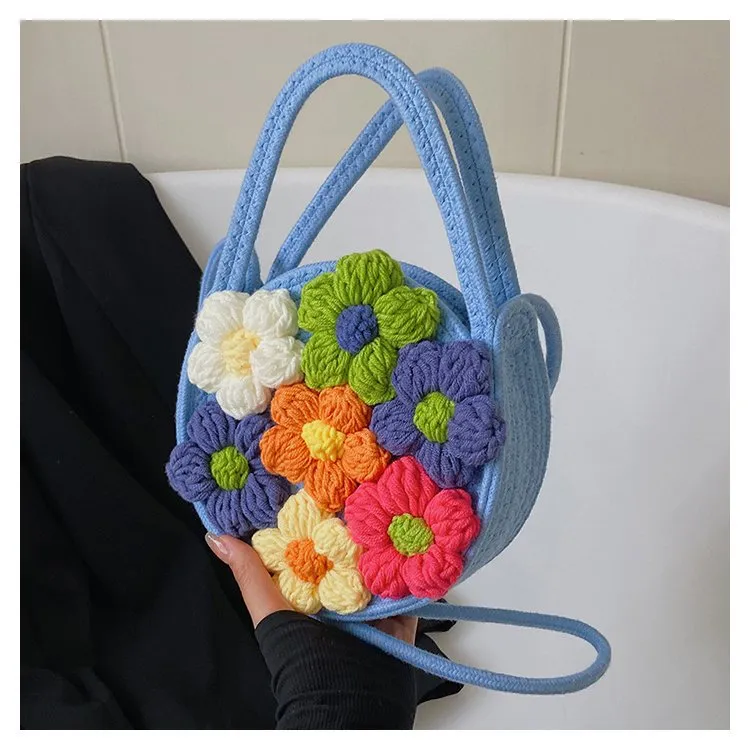 Knitted folk bag women knitted holiday handbag summer messenger bag cotton cord woven flower bag