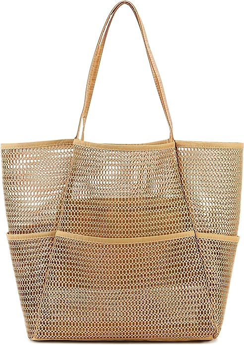 A001—Large Mesh Beach Tote Bag for Women with Multiple Pockets Toys Towels for Family Travel Waterproof Pool Bag