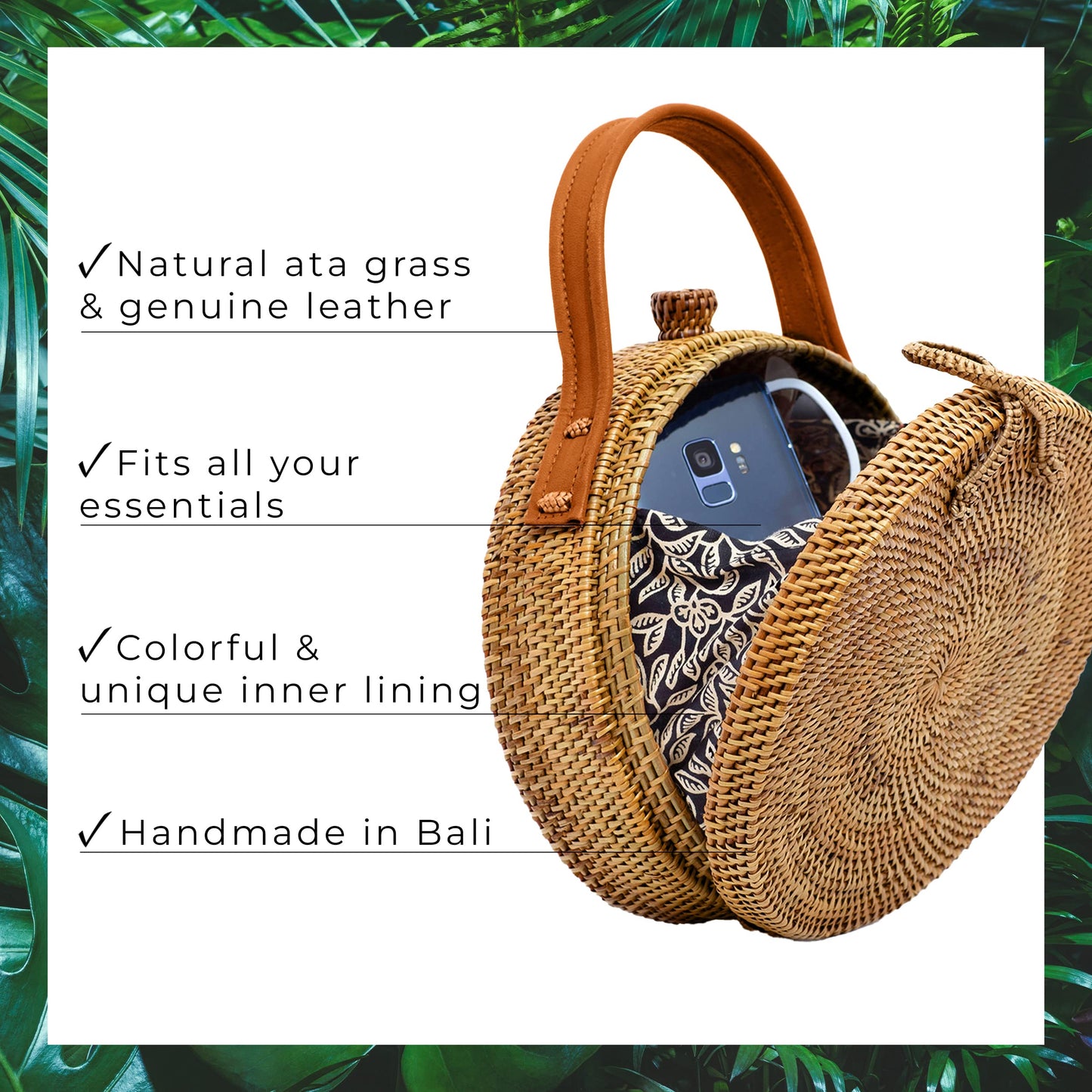 A06—Crafts Round Rattan Bag for Women - Handmade Ata Wicker Woven Purse