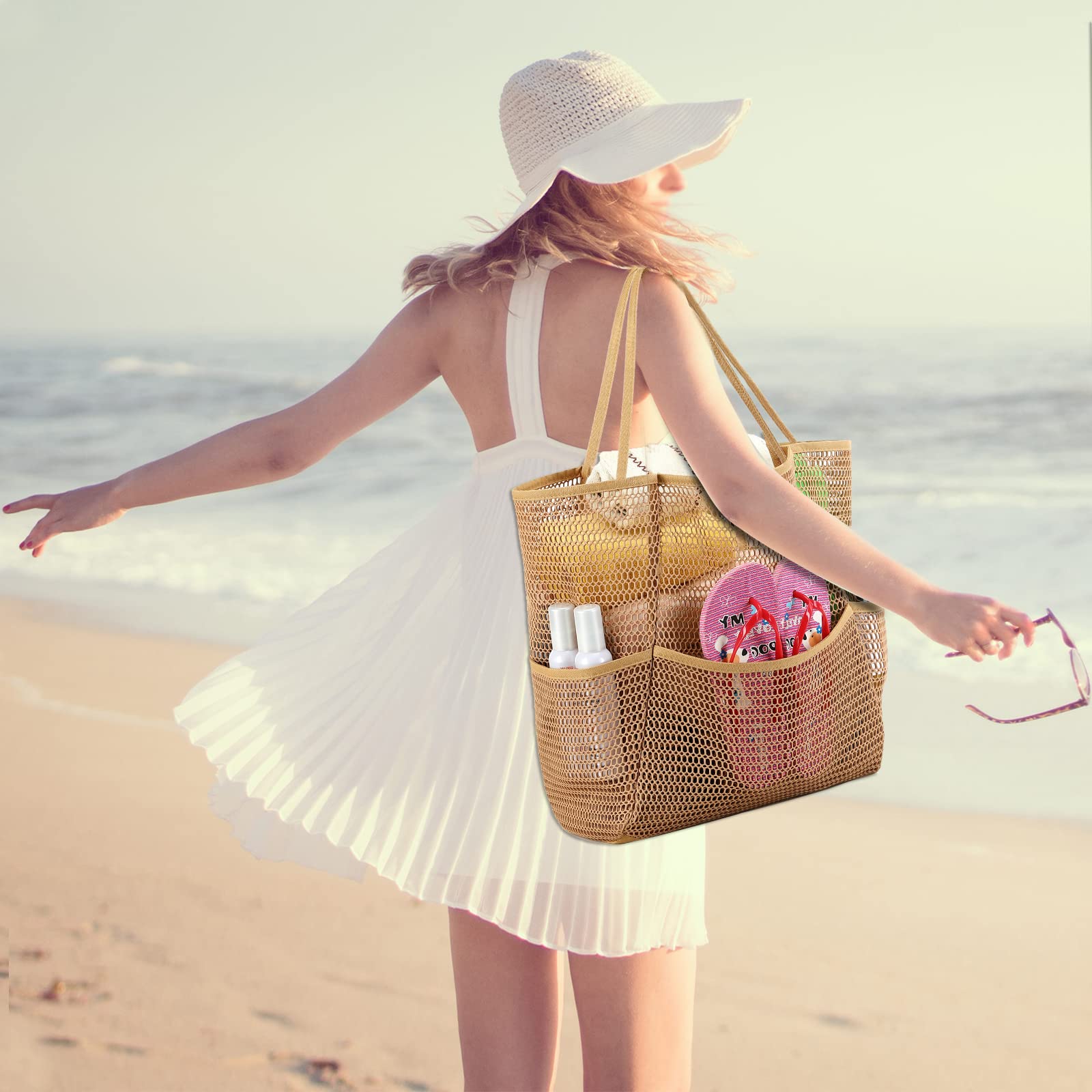 A001—Large Mesh Beach Tote Bag for Women with Multiple
