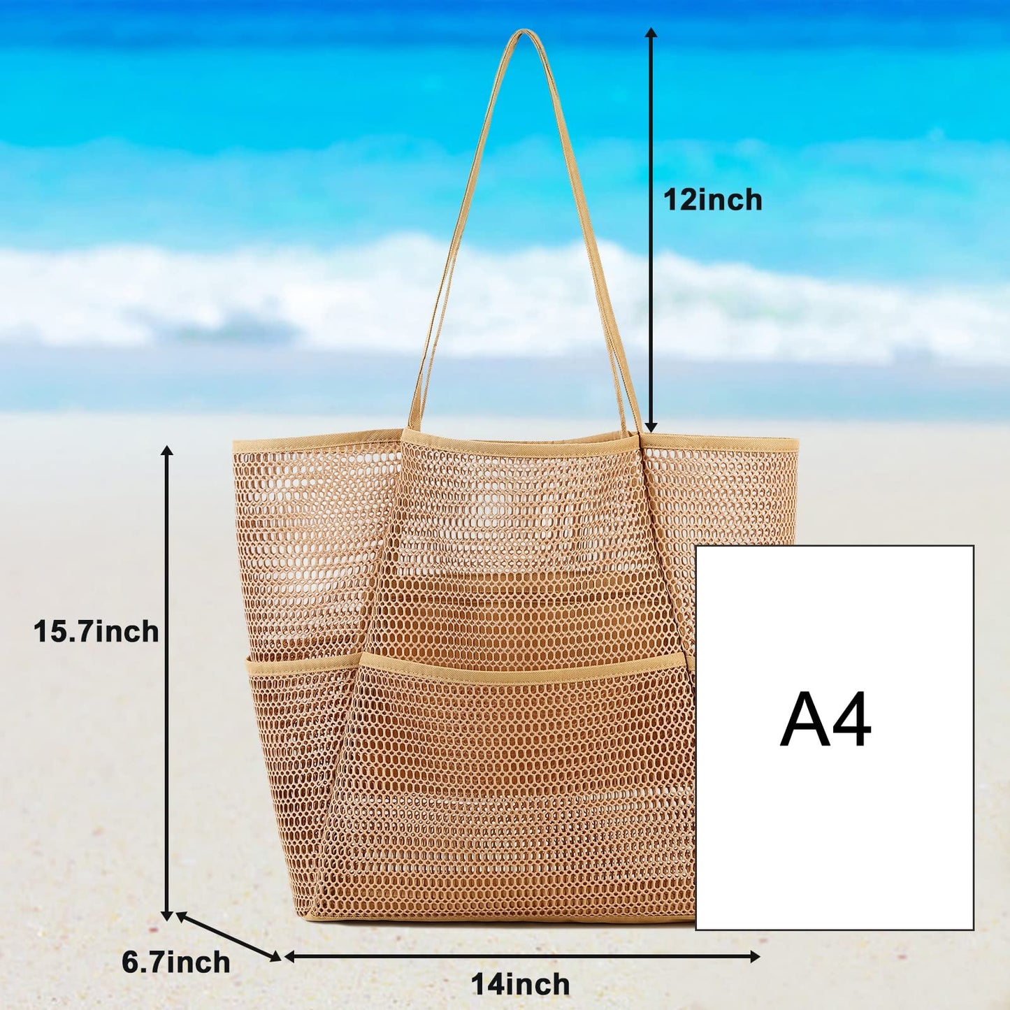 A001—Large Mesh Beach Tote Bag for Women with Multiple Pockets Toys Towels for Family Travel Waterproof Pool Bag