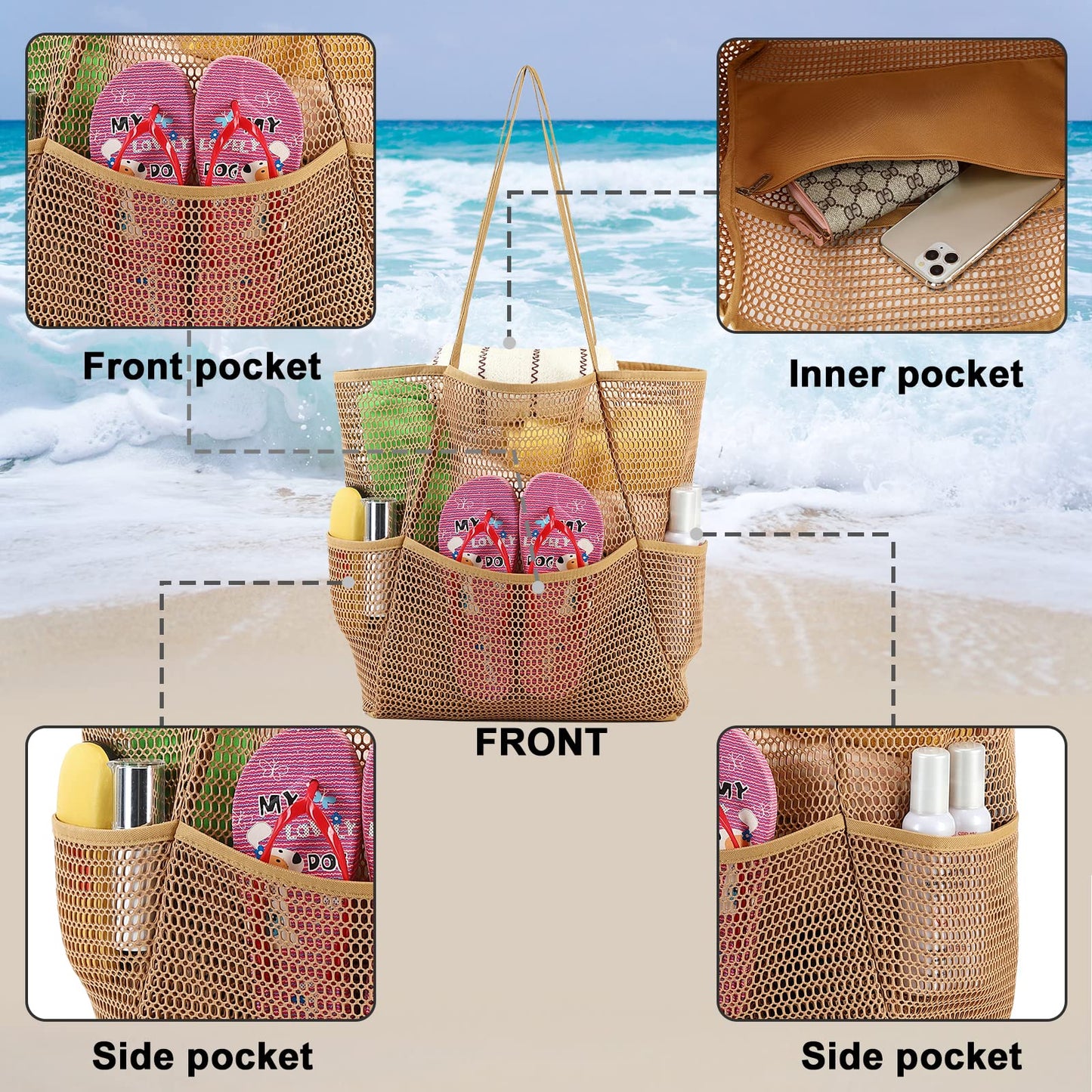 A001—Large Mesh Beach Tote Bag for Women with Multiple Pockets Toys Towels for Family Travel Waterproof Pool Bag