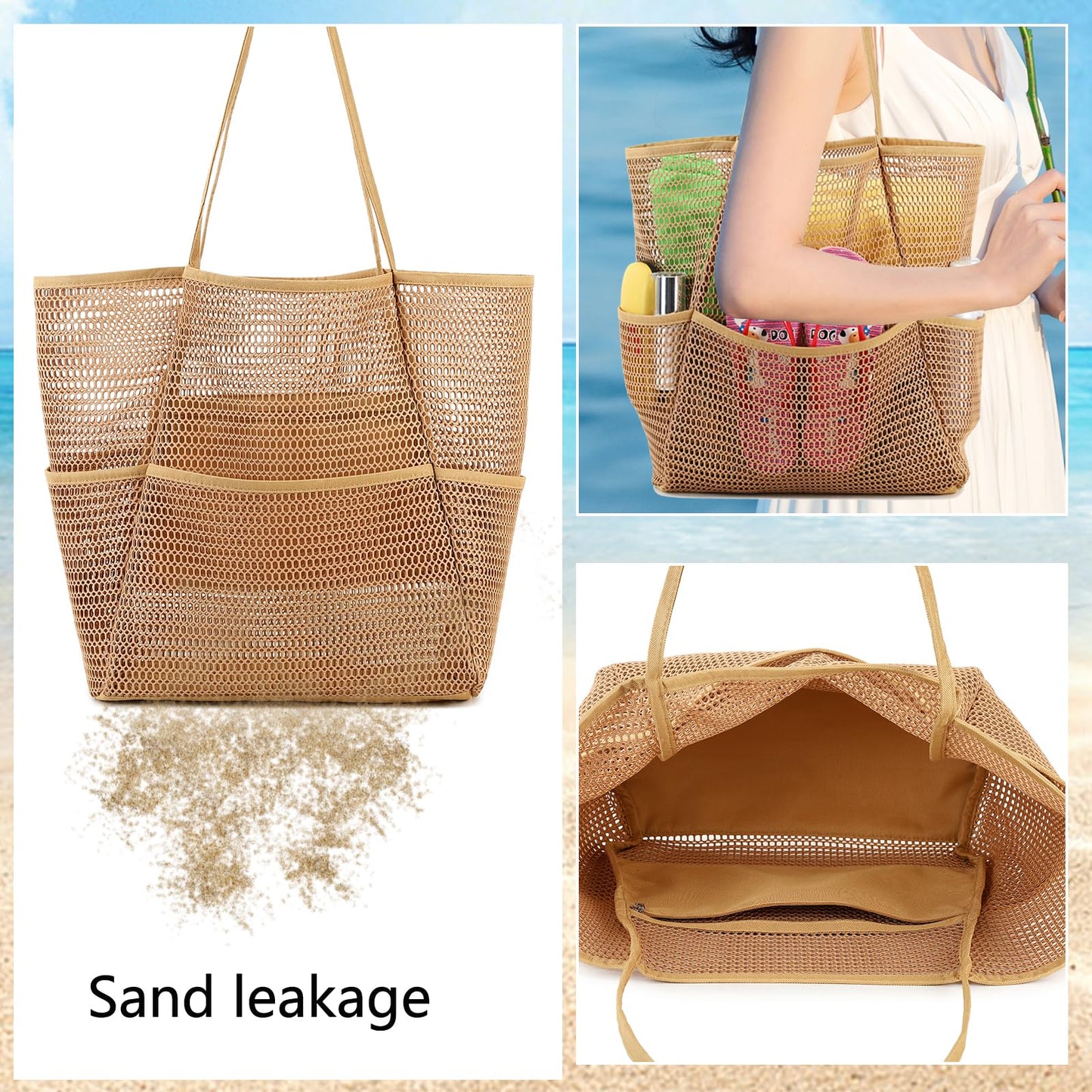 A001—Large Mesh Beach Tote Bag for Women with Multiple Pockets Toys Towels for Family Travel Waterproof Pool Bag