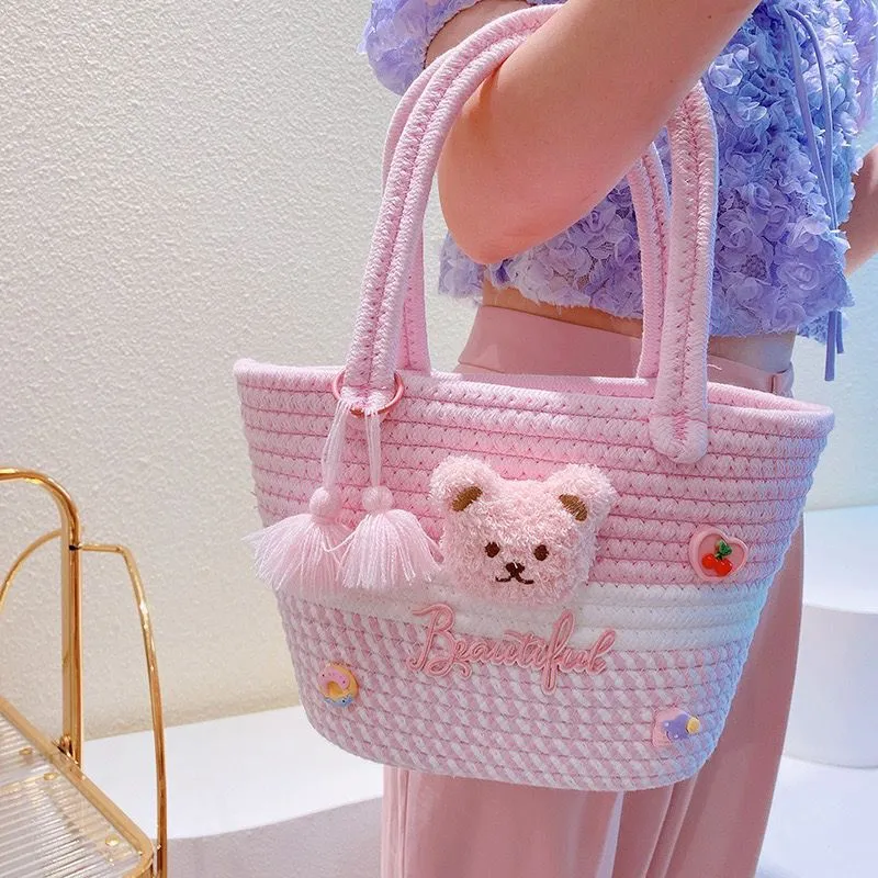 B03—Sweet Girl Heart Handbag tulip flower woven bag pearl tassel girl bag small bear bucket bag companion gift