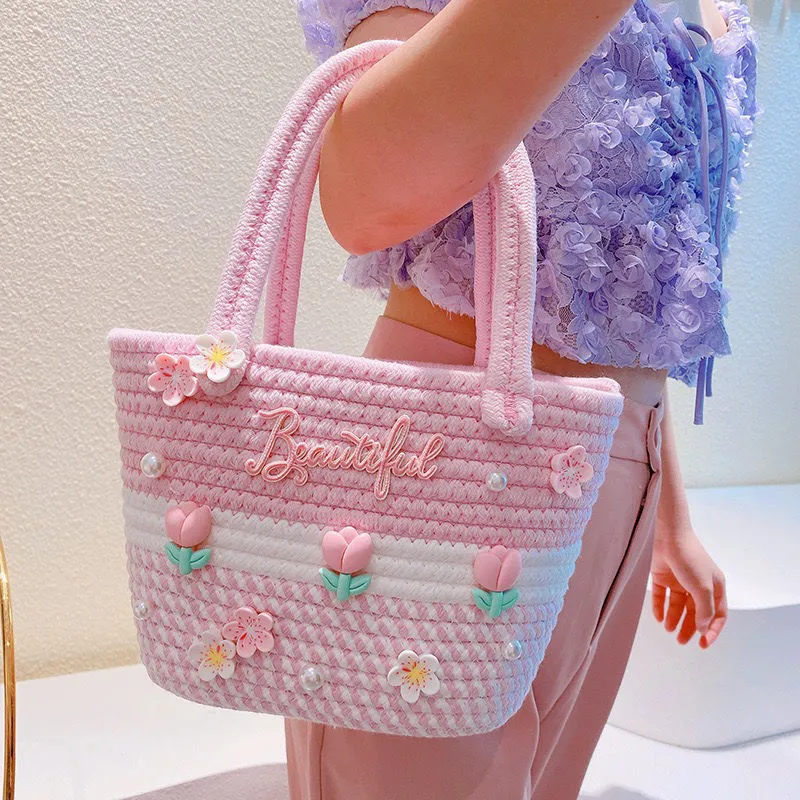 B03—Sweet Girl Heart Handbag tulip flower woven bag pearl tassel girl bag small bear bucket bag companion gift